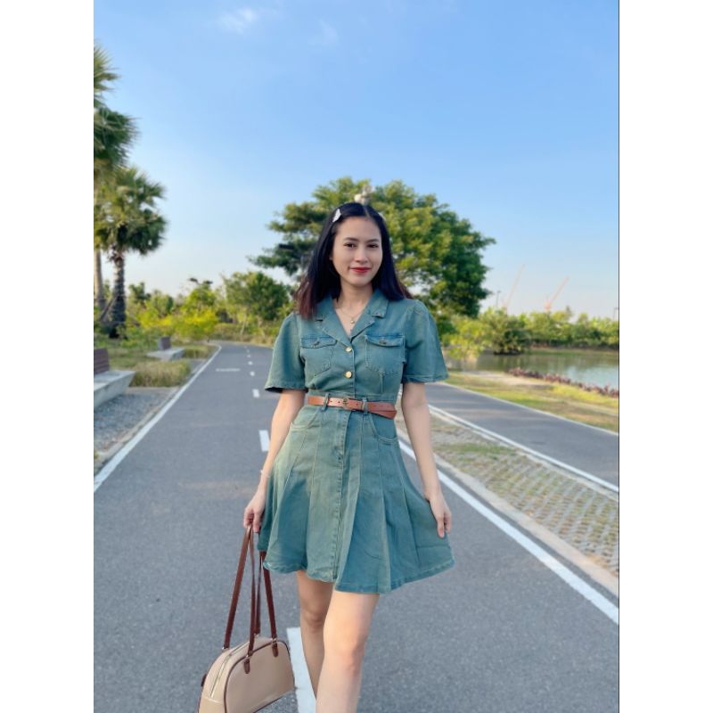 เดรสยีนส์คอปกเดนิมพร้อมเข็มขัด(แขนสั้นS-5XL)