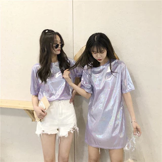 Unicrony • พร้อมส่งจากไทย เสื้อยืดผ้าวิ้งค์ แขนสั้นกลิตเตอร์ ใส่เล่นสงกรานต์ฉ่ำๆ สะท้อนแสงวิ้งๆ เสื้อยืดคอกลมสายรุ้ง
