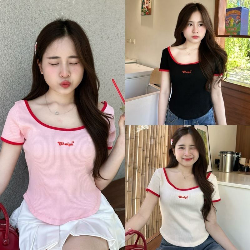 CHALYN Lyra(ไลร่า) LM33 เสื้อยืดแขนสั้นคอกว้าง ขอบแดง  ผ้าร่องหนา ดีไซน์เรียบง่ายคอกลม ใส่สบาย Cloth