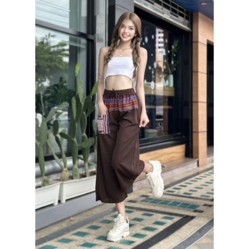 🚚COD🚚กางเกงเอวสูงสุภาพสตรี,เอวกางเกงปรับได้,ขากางเกงขนาดใหญ่พิมพ์ลายพื้นเมือง,กางเกงแปดส่วน