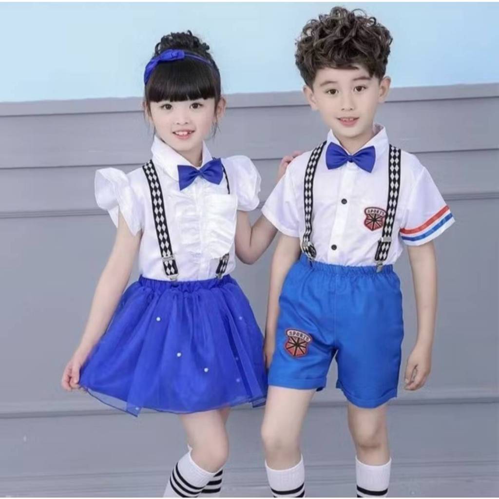 ชุดการแสดงเด็กผู้หญิงและผู้ชายสีฟ้าขาวสายลาย (พร้อมส่งในไทย)