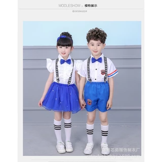 ชุดการแสดงเด็กผู้หญิงและผู้ชายสีฟ้าขาวสายลาย (พร้อมส่งในไทย)
