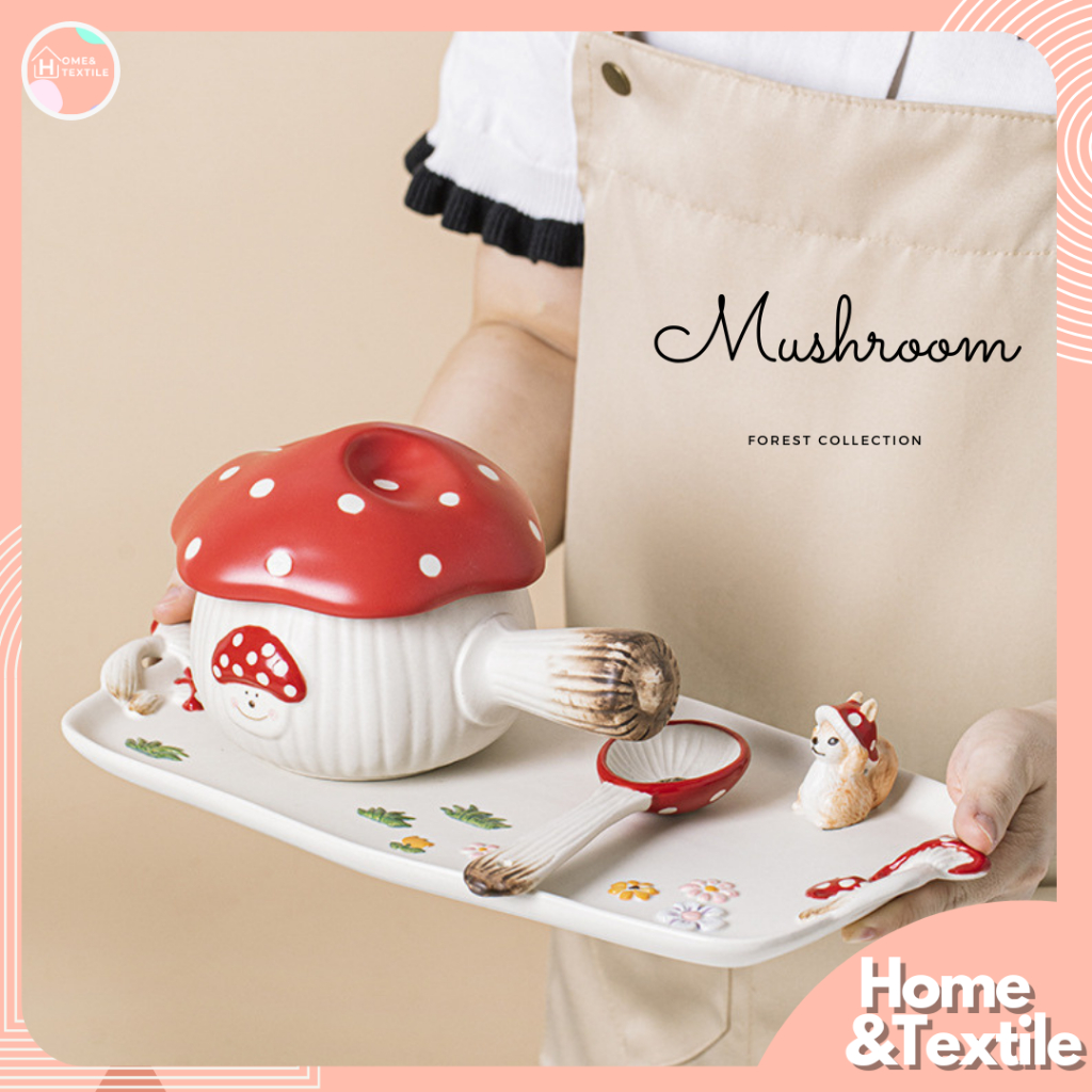 ถาดเซรามิคและหม้อ แต่งลายเห็ดสีแดง  ️Mushroom forest