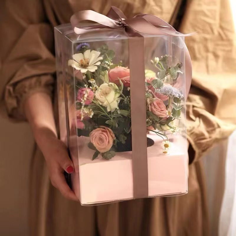 Flower กล่องใส ใส่ดอกกไม้ สไลต์เกาหลี มีฐานรอง ของขวัญวันวาเลนไทน์ พร้อมส่งในไทยตอนนี้