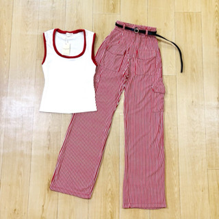 Thanyathep ชุดเซตเสื้อกล้าม+ขายาวคาร์โก้ลายริ้ว+เข็มขัด ใส่ส…