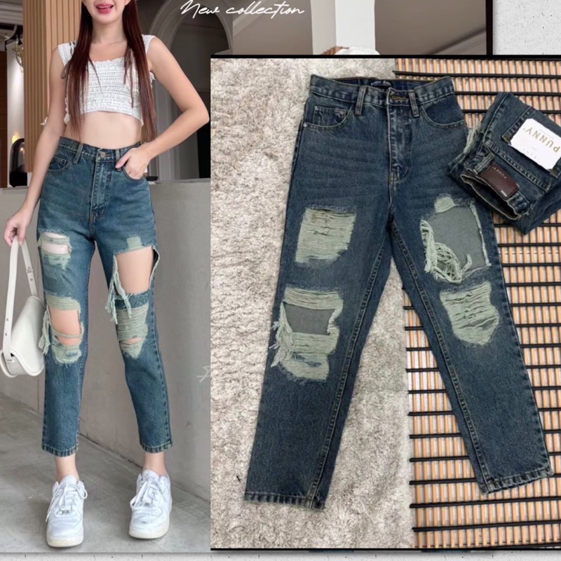 กางยีนส์ทรงบอยแต่งขาด4 ช่องยีนส์ไม่ยืด
