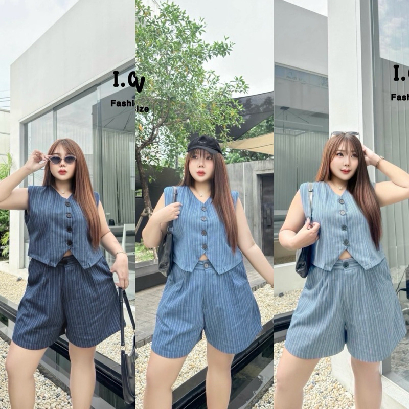(LC) เซต2ชิ้น เสื้อกั้กคอวี+กางเกงขาสั้น ผ้ายีนส์ลายริ้ว เบสิค ใส่เที่ยว ใส่ทำงานได้ ดูดีมาก เสื้อผ้าสาวอวบอ้วน ไซส์ใหญ่