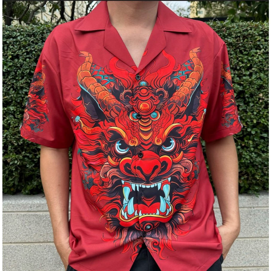 เสื้อฮาวาย ลายมังกร ผ้าไหมอิตาลี ลายสวย คมชัด เนื้อผ้าลื่น มี 5ไซส์น๊าา