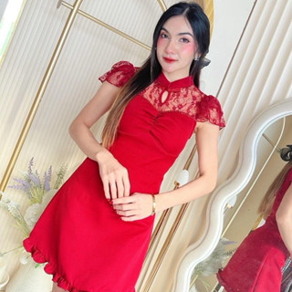 [LISA] A0779 ชุดเดรสกระโปรงคอจีนแขนระบายลูกไม้ช่วงอกแต่งไข่ม…