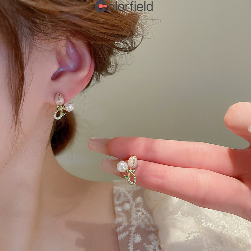 Colorfield ต่างหู ประดับมุก ดอกทิวลิป ผู้หญิง ต่างหูวิจิตร  สดหวาน ต่างหูน่ารักๆ