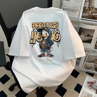 Top.street เสื้อยืด oversize 'cool duck' พิมพ์ลาย แขนสั้น t shirt cotton100% วินเทจ เสื้อฟอก สีดำ 3xl สไตล์เกาหลี
