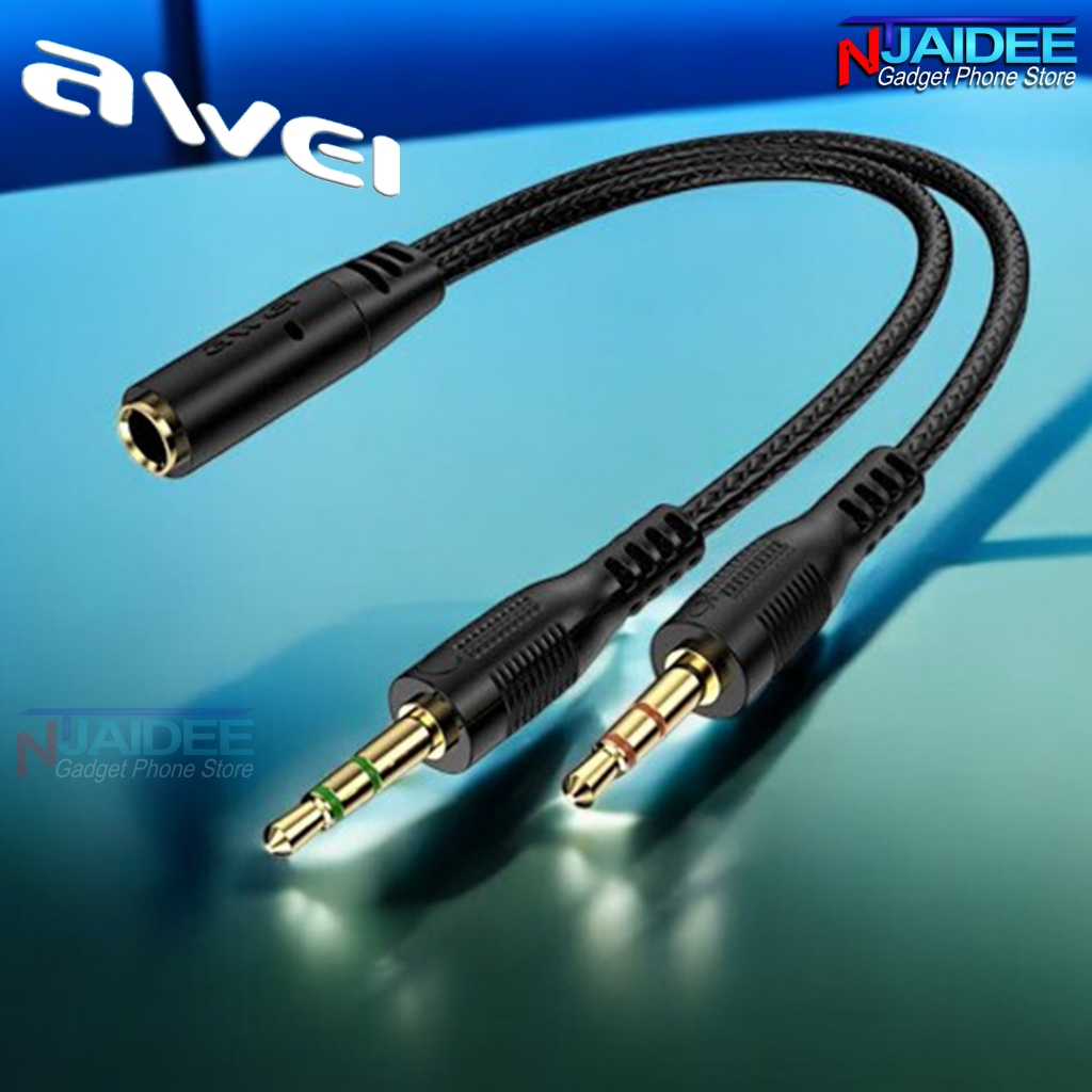 Awei AUX-002 สายแปลง 2 ออก 1 ใช้งานร่วมกับช่อง AUX IN + MIC IN สำหรับ Headphone