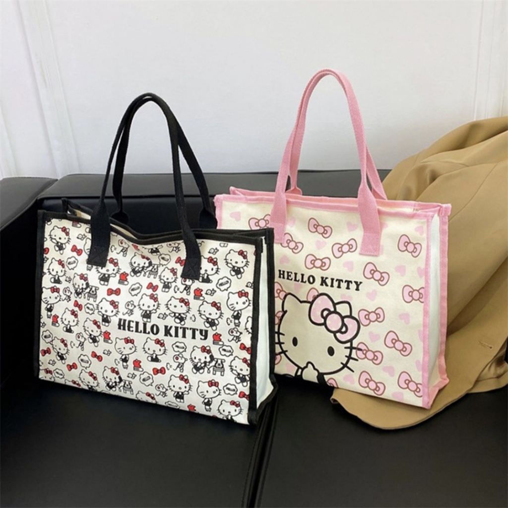 【จัดส่งจากประเทศไทย】Hello kitty กระเป๋าสะพายไหล่ กระเป๋าถือ ผ้าแคนวาส ขนาดใหญ่ สไตล์ญี่ปุ่น สําหรับสุภาพสตรี และนักเรียน