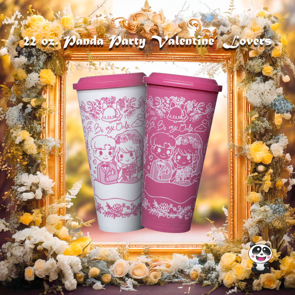 (แพ็ค20ชิ้น)แก้ว 22 oz.แพนด้าปาร์ตี้ คู่รักวาเลนไทน์ + ฝา 90 มิล