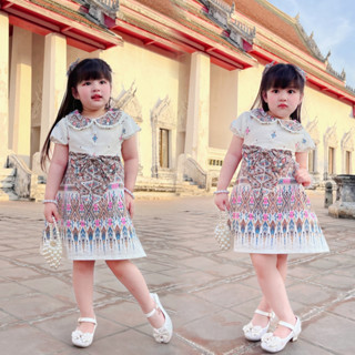 ชุดไทยเด็กผู้หญิง แขนตุ๊กตาแถมกิ๊บ1คู่ ผ้าฝ้ายพิมลายไทย