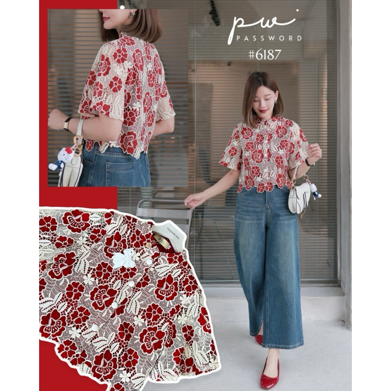 password 6187 เสื้อคอจีนผ้าคอตตอนซิลค์ฉลุ ลายดอกไม้ทั้งตัว