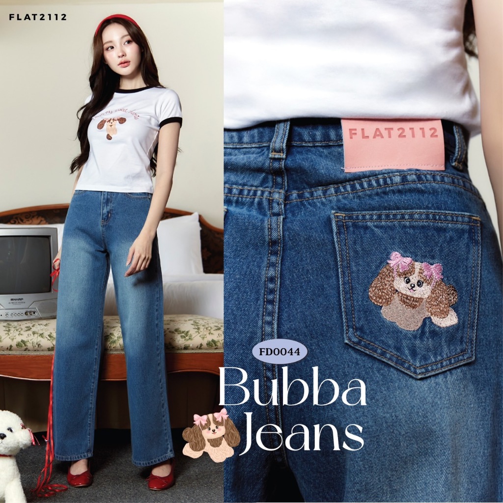FLAT2112 FD0044 : BUBBA JEANS กางเกงยีนส์ขายาว ทรงกระบอก ปักลาย