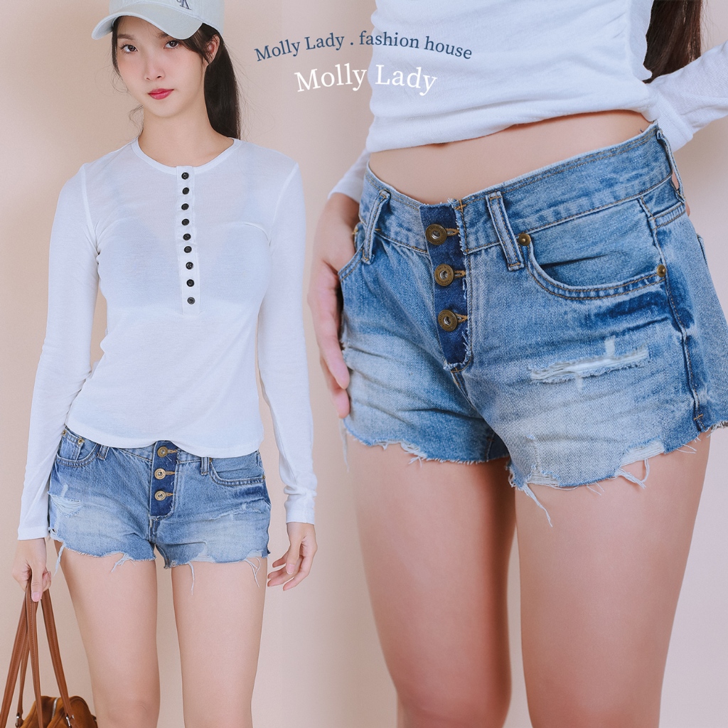 Molly Lady❤️  Original Jeans Shorts กางเกงยีนส์ขาสั้น เอวต่ำ ฟอกสี กระดุมทองเหลือง Low-waisted