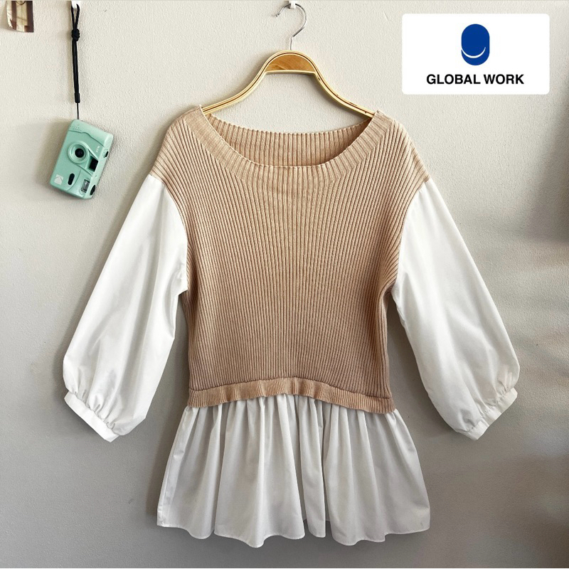B102 🤎 " GLOBAL WORK " เสื้อไหมพรมทูโทน คอกลม แขนยาว ชายเสื้อปล่อยๆ สีครีมน้ำตาล