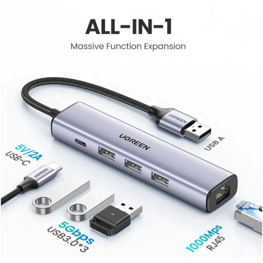 พร้อมส่ง UGREEN 20915 USB 3.0 to LAN 10/100/1000Mbps + 3 port USB 3.0 with PD hub