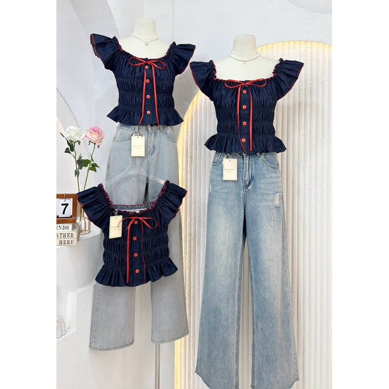 NN617 เสื้อครอปแขนระบายยีนส์ ผูกโบว์อก  Peekanong🌷