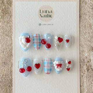 cherry nail 🍒 เล็บปลอมเชอร์รี่ โทนฟ้าแดง🩵❤️ | Luna_Nailie