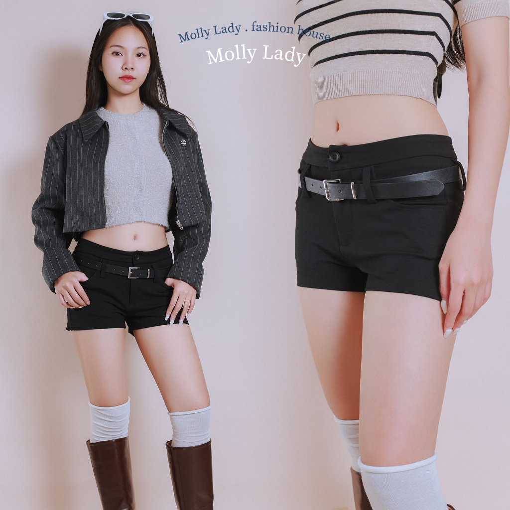 Molly Skinny Shorts กางเกงขาสั้นเข็มขัดต่ำ ผ้ายืดทรงเข้ารูป พร้อมเข็มขัดหนัง Low-waisted