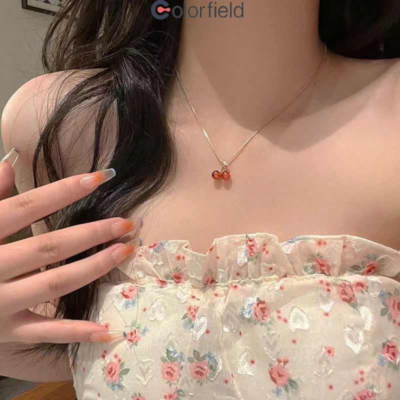 Colorfield สร้อยคอ จี้เชอร์รี่ สีแดง โซ่ไหปลาร้า ละเอียดอ่อน น่ารักหวาน สไตล์เกาหลี สำหรับผู้หญิง ระดับไฮเอนด์