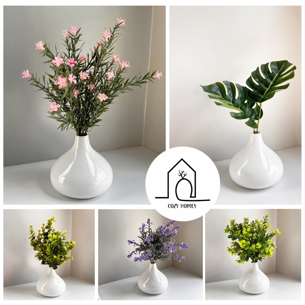 ชุดแจกันเซรามิก ทรงกลมสีขาว พร้อมดอกไม้ ตกแต่งบ้าน | Flower Vase - Cozy Homey