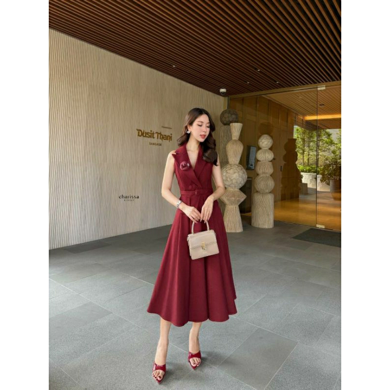 (S-XL)  CHARISSA 📣พร้อมส่งเซ็ทเสื้อแขนกุด+กระโปรงยาว+เข็มขัด+เข็มกลัดดอกไม้ทรงสวยเข้ารูปเนื้อผ้าอย่างดี - รูปที่ 6