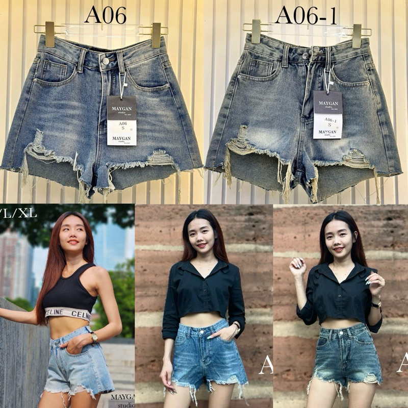 Maygan (A06)กางเกงขาสั้นแต่งขาด เอวสูงยาว13นิ้ว มีไซส์ S-XL ขายดี