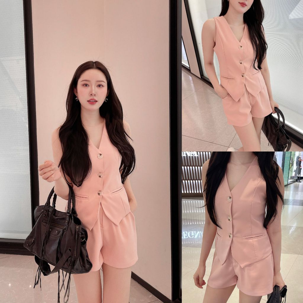 ครีม/ชมพู/เทา SLYQ BLONDIES BELTED VEST & SHORTS SET เซ็ตเสื้อกั๊กกระดุมหน้ากับกางเกงขาสั้น
