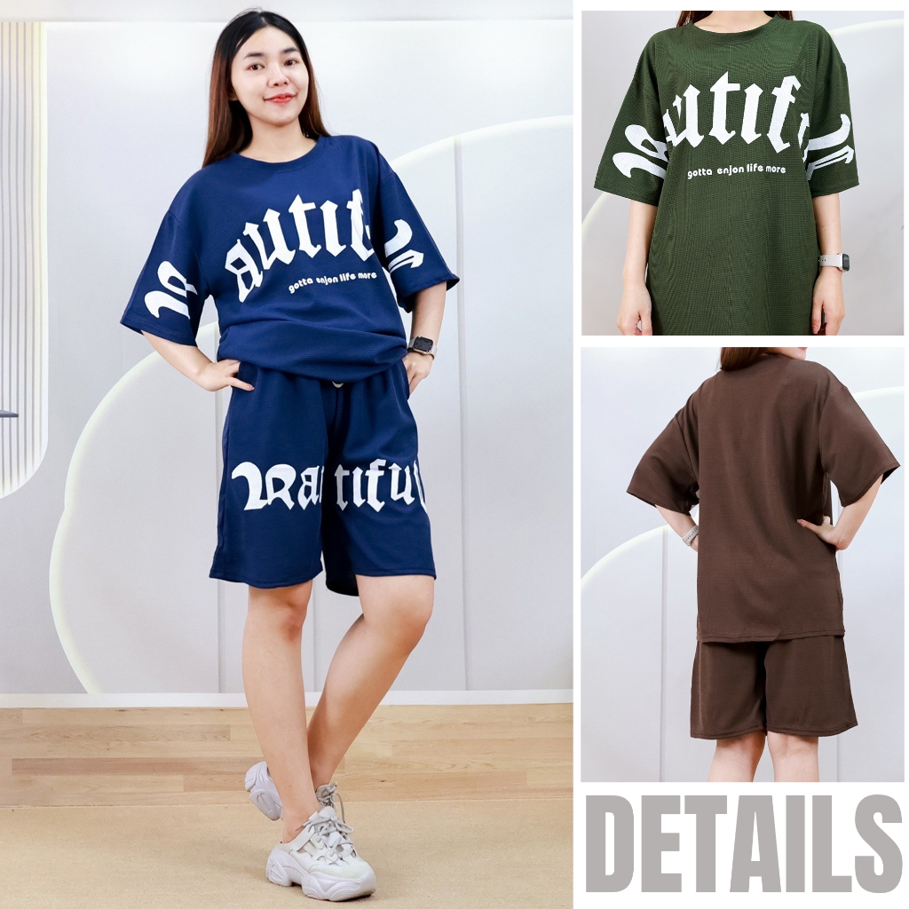 c5618# ชุดเซ็ท เสื้อคอกลม แขนสั้น กางเกงขาสั้น สกรีนลายตัวอักษร ผ้าวาฟเฟิล ใส่ได้ทั้งชายและหญิง