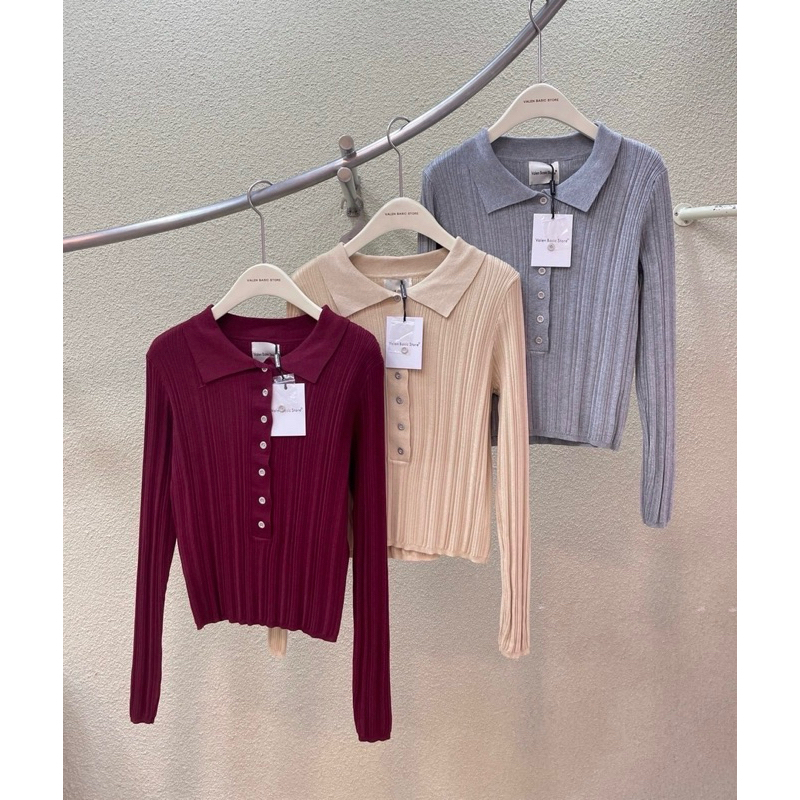 Basic polo knit top เสื้อยืดผ้าไหมพรมแขนยาว ทรงครอป กระดุมหน้า คิ้วมากกก