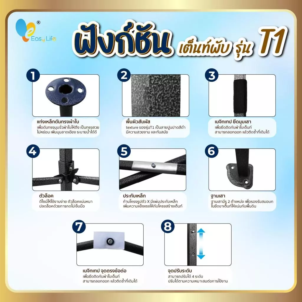 เต็นท์พับ T1 ขาดำ T2 ขาขาว กัน UV ขนาด 2x2 2x3 3x3 เมตร thumbnail 5