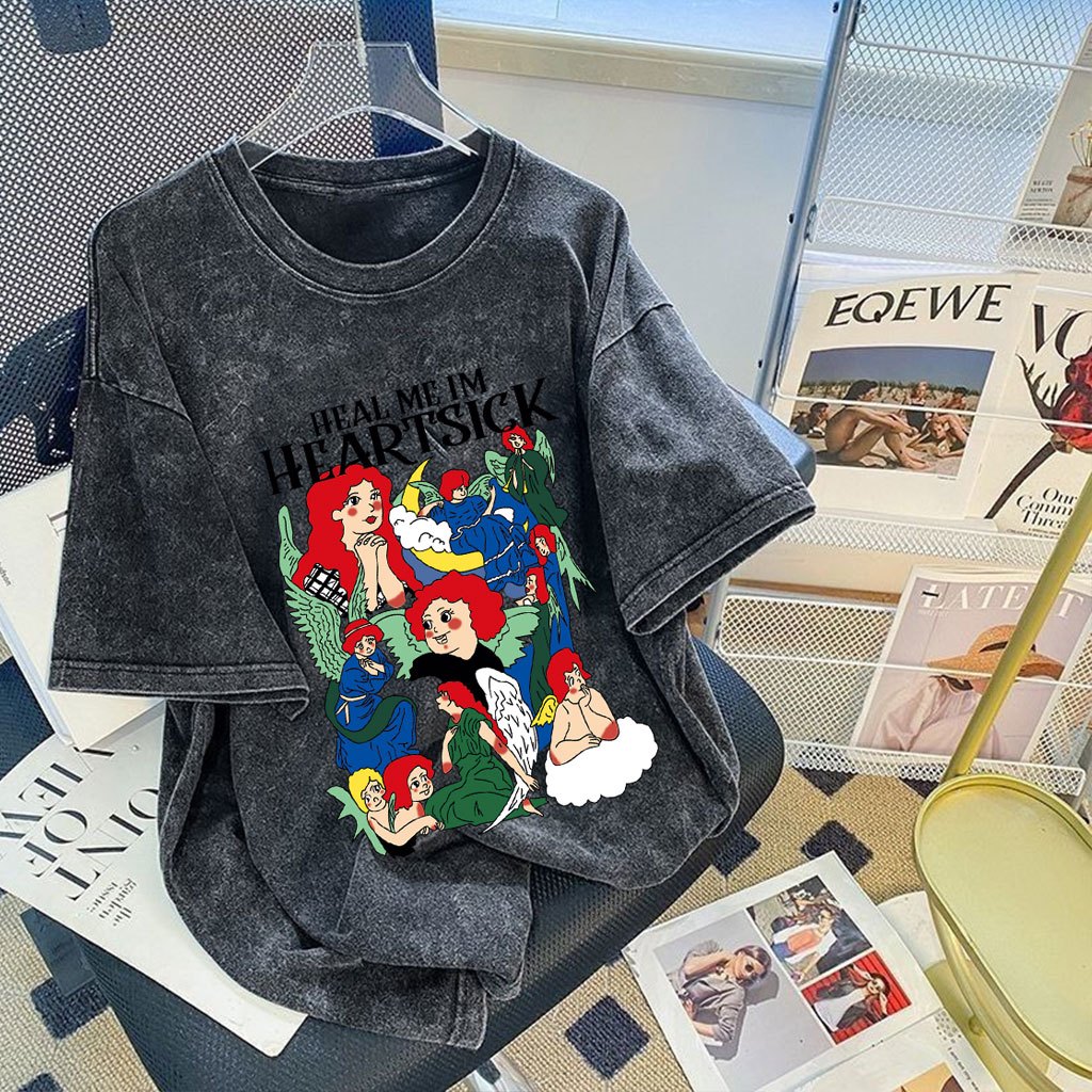 เสื้อยืดฟอกเฟดวินเทจ สกรีนลายการ์ตูน oversize cotton 100 ไซส์ใหญ่ แฟชั่นมาใหม่ เสื้อโอเวอร์ไซส์ผู้หญิงแบบเท่ๆ ใส่สบาย