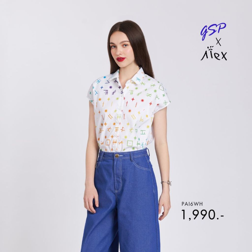 GSP เสื้อเชิ๊ตผู้หญิง Alex's font แขนล้ำ สีขาว PAI6WH