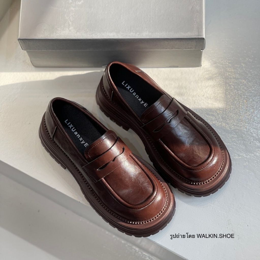 (พร้อมส่งจากไทย) รองเท้าคัทชูหนังโลฟเฟอร์ สีน้ำตาล พื้นนิ่ม รุ่น PEANUT LOAFER