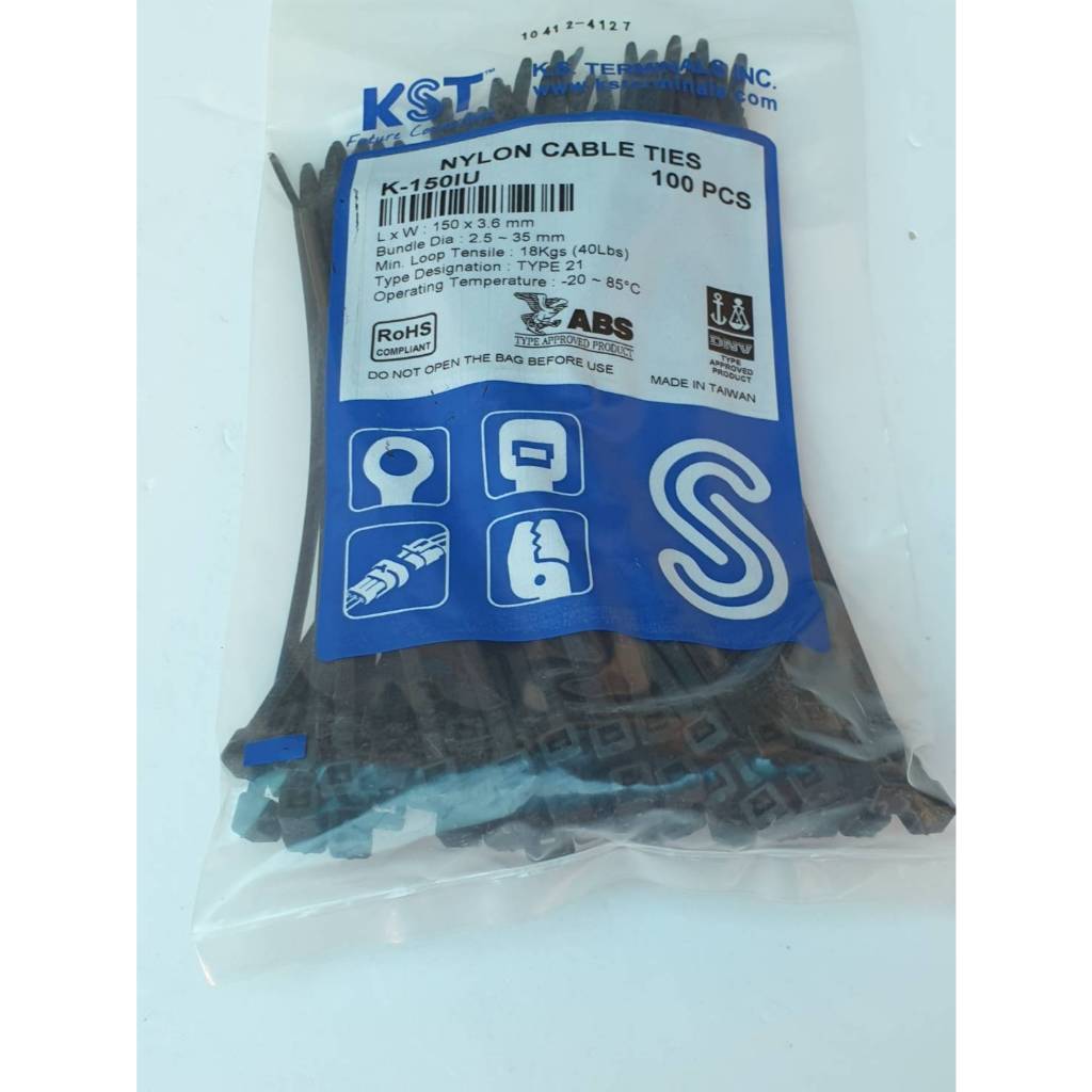 เคเบิ้ลไทร์ไนล่อน Nylon Cable Ties  ยี่ห้อ KST (Taiwan) มีขนาด 4-15 นิ้ว สีขาว/ดำ บรรจุถุงละ100เส้น - รูปที่ 2