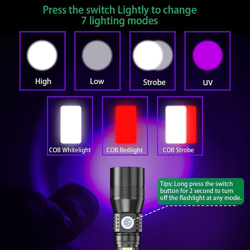 3 IN 1 ไฟฉาย มัลติฟังก์ชั่น LED แสงสว่างสีขาว+แสง UV สีม่วง+COB ด้านข้าง โหมดไฟฉุกเฉิน ปรับซูม ท้ายแม่เหล็ก ชาร์จType-C - รูปที่ 3
