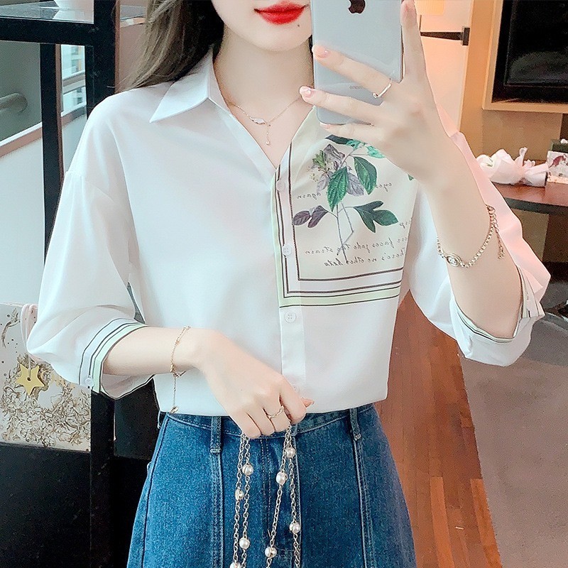 (B50-B52) เสื้อเชิ้ตแขนห้าส่วน สไตล์สบายๆ หลวมๆ พิมพ์ลายแฟชั่น กราฟฟิค คอปกสำหรับผู้หญิง ใส่ได้ทุกโอ