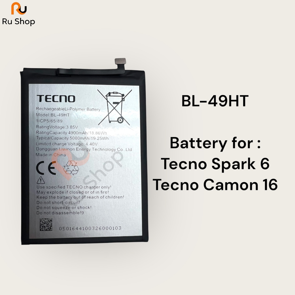แบตเตอรี่ Tecno Spark 6 KE7 battery, Tecno Camon 16 CE7 CE7J CE9H BL-49HT 5000mAh รับประกัน 3 เดือน