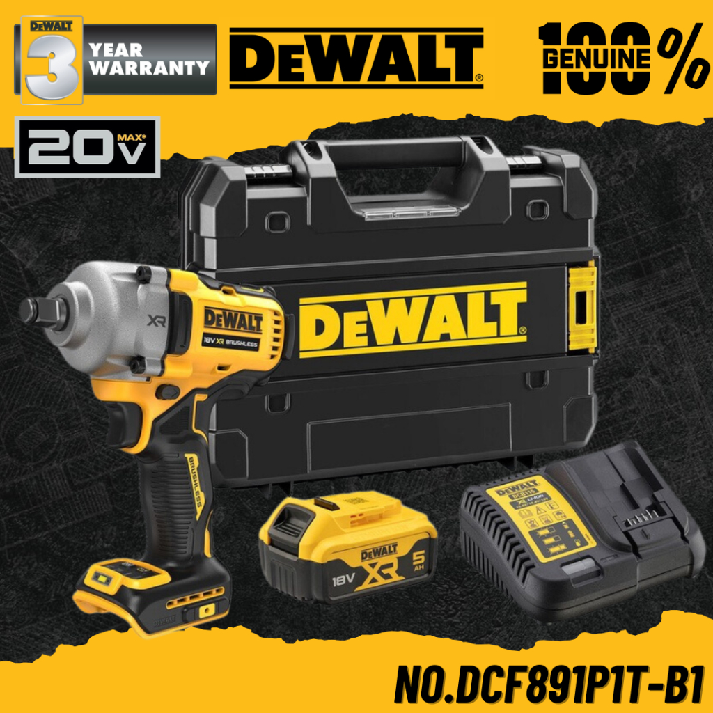 DEWALT บล็อกกระแทกไร้สายไร้แปรงถ่าน 20V Max 812Nm พร้อมแบตเตอรี่ 5.0AH No.DCF891P1T-B1