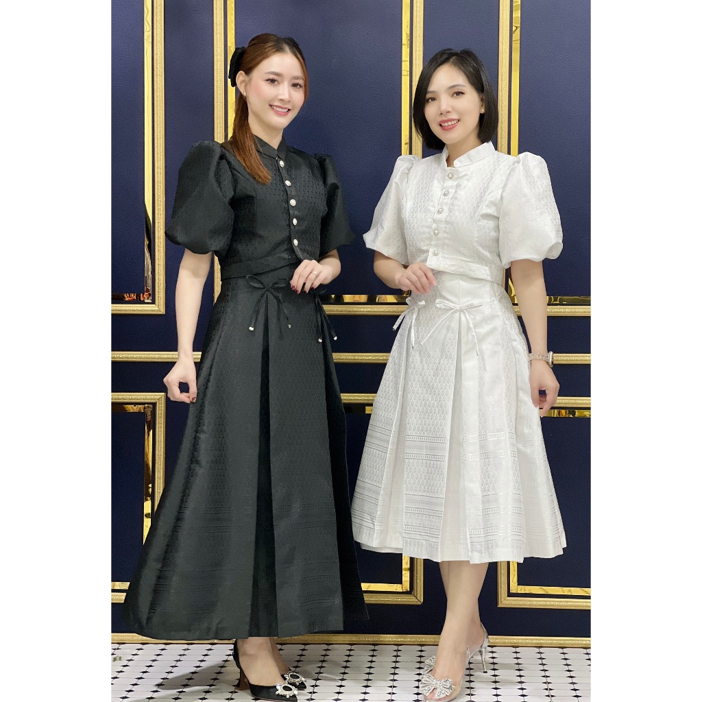 กระโปรงลายไทย สีขาว ดำ (เฉพาะกระโปรง) เอวสูง ผ้าไหมแกมฝ้าย  มีแบบสั้นและยาว