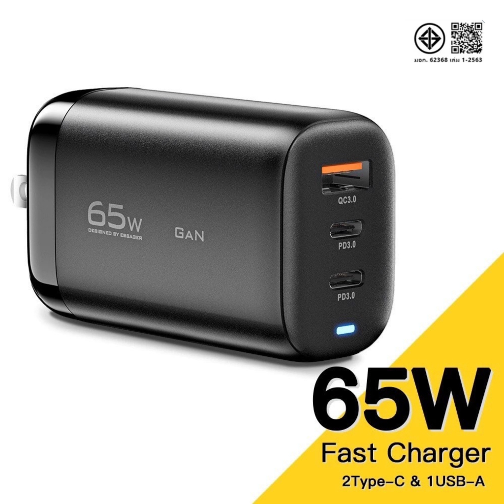 Essager GaN อุปกรณ์ชาร์จเร็ว 65W US  QC 3.0 PD3.0 Type C สําหรับ Samsung Huawei แล็ปท็อป ส่งด่วน1-2ถึง   B03