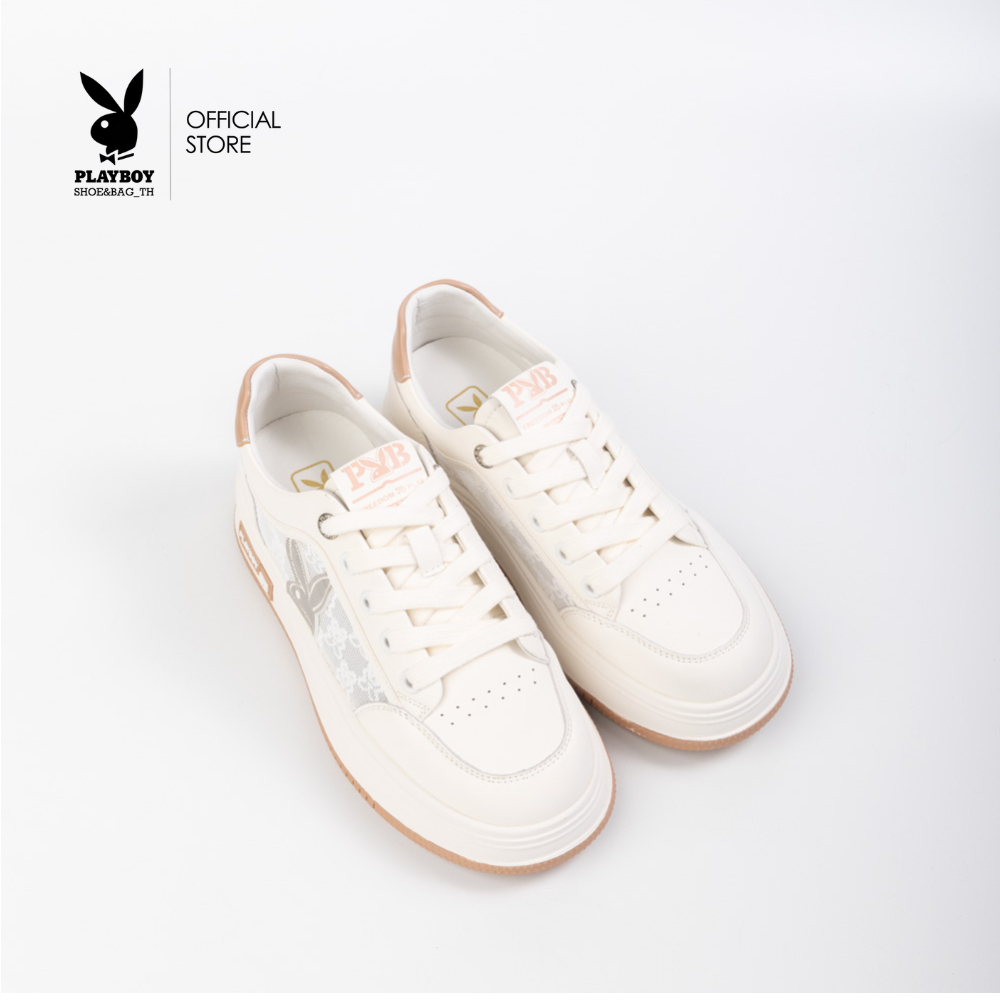 Playboy รองเท้าผ้าใบหุ้มข้อผู้หญิง รุ่น ST-H251C1197-WH (เท้าอวบควร+1ไซส์) ดีไซน์เสริมส้น แต่งผ้าซีทรู โลโก้กระต่าย