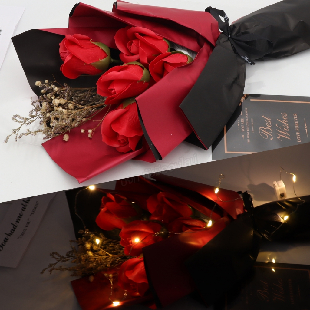 K-002 ช่อดอกกุหลาบประดิษฐ์ พร้อมถุงถือ วันวาเลนไทน์ มีไฟเส้นLED ช่อดอกไม้แห้ง มีให้เลือกสี พร้อมส่ง - รูปที่ 4