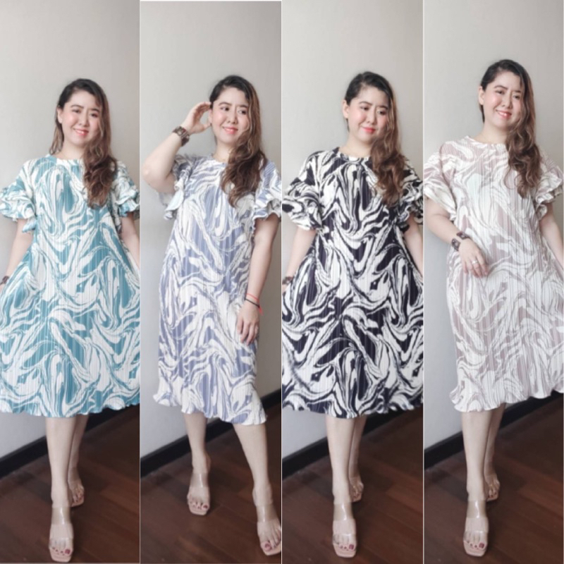 ชุดเดรส Graphic PleatedDress ชุดพลีท ชุดพลีทพิมพ์ลายb11 ชุดเดรสยืดลายสวยชุดเดรสใส่ออกงาน ชุดใส่เที่ยวทะเล ชุดทำงาน