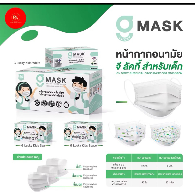 (G lucky mask เด็กสีขาว) พร้อมส่ง หน้ากากอนามัยเกรดการแพทย์ ผลิตสินค้าในไทย*3ชั้น หน้ากากเด็ก