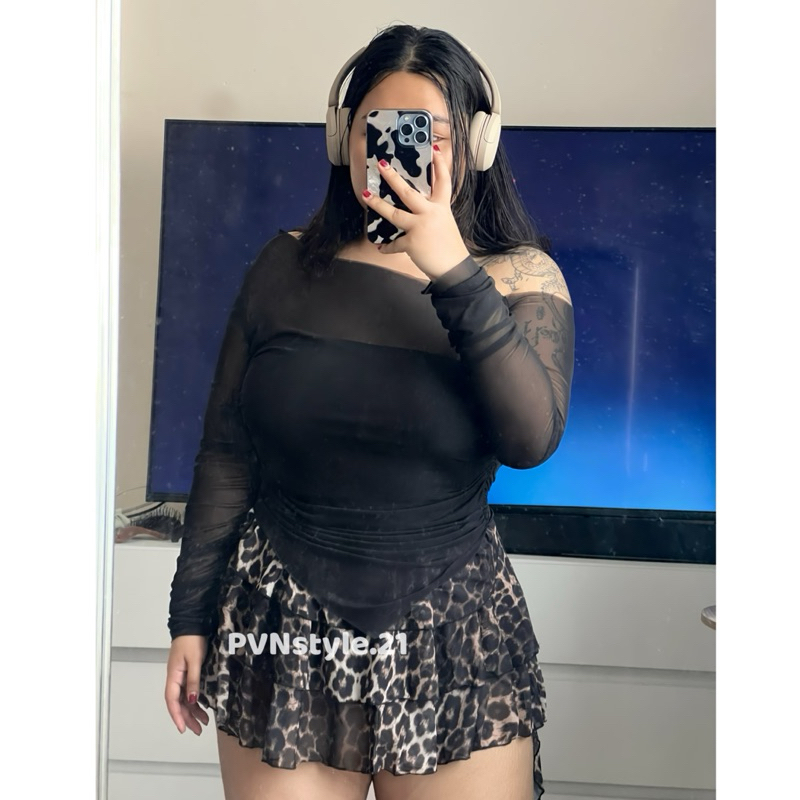 (ไซส์ใหญ่) เสื้อปาดไหล่แขนยาวผ้าชีฟองมีเกาะอกซับใน อก 38-54 - รูปที่ 3